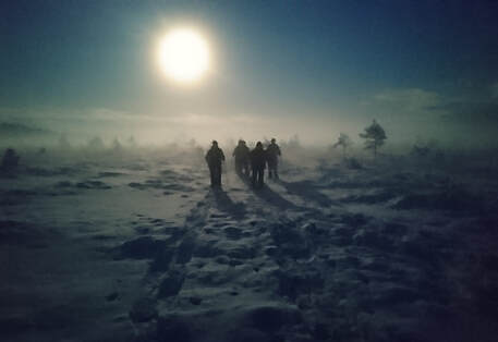 Ryhmä lumikenkäilee kuun valossa Torronsuolla..